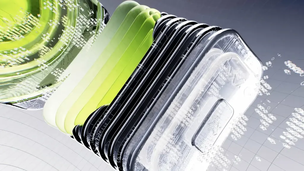 Abstract visualization of futuristic digital technology with layered components in dynamic 3D rendering. Revolutionizing Content Creation: AI Trends to Watch Out For